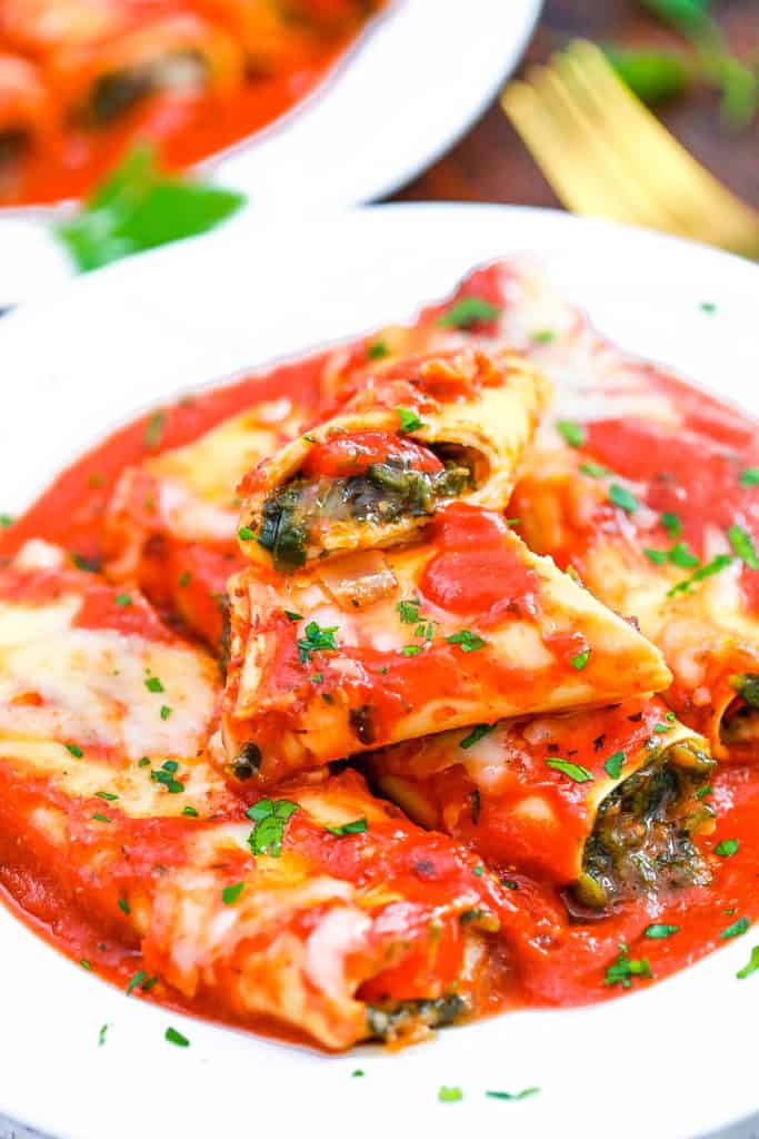 pasta rolls with pomodoro sauce on a white plate