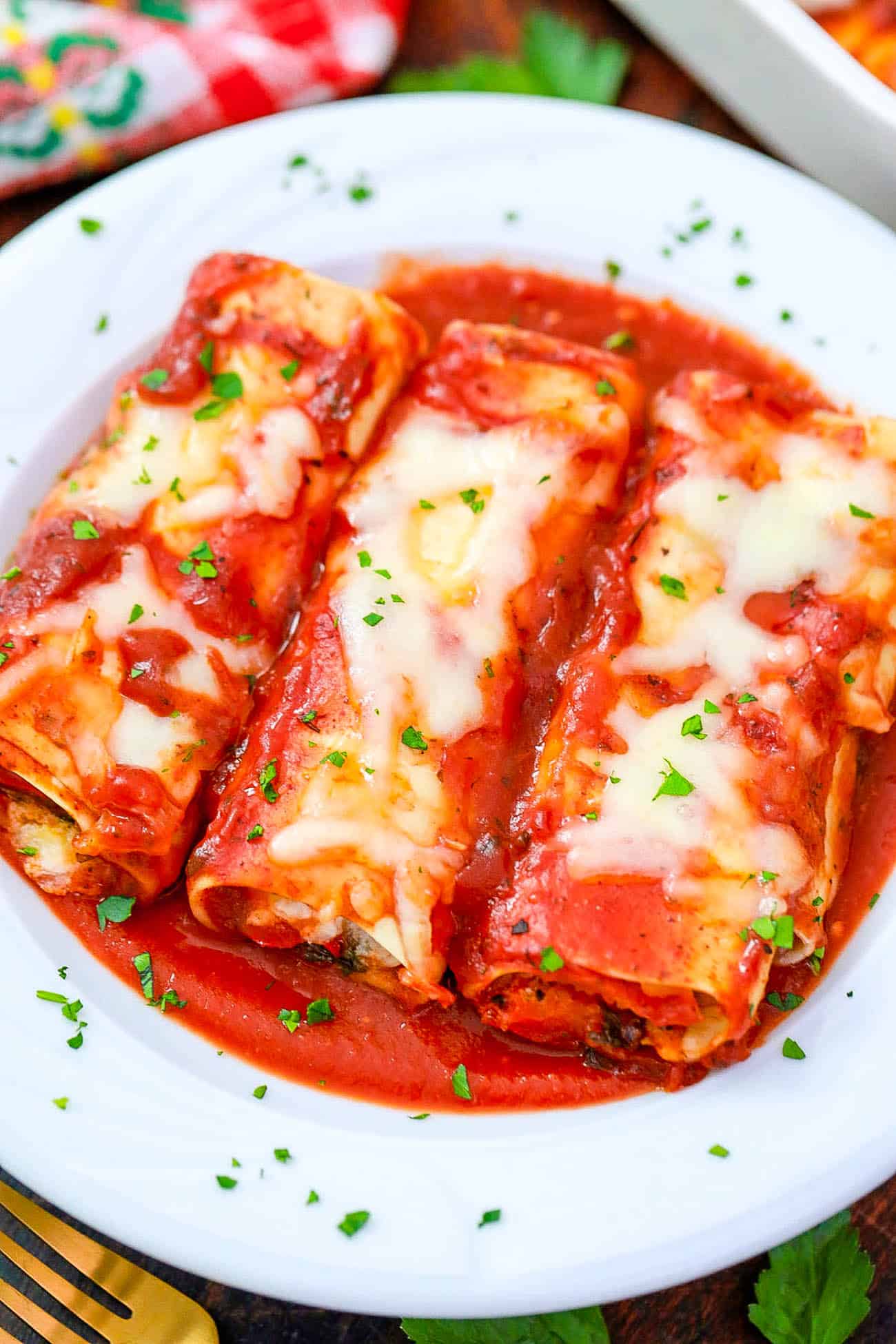 pasta rolls with pomodoro sauce on a white plate