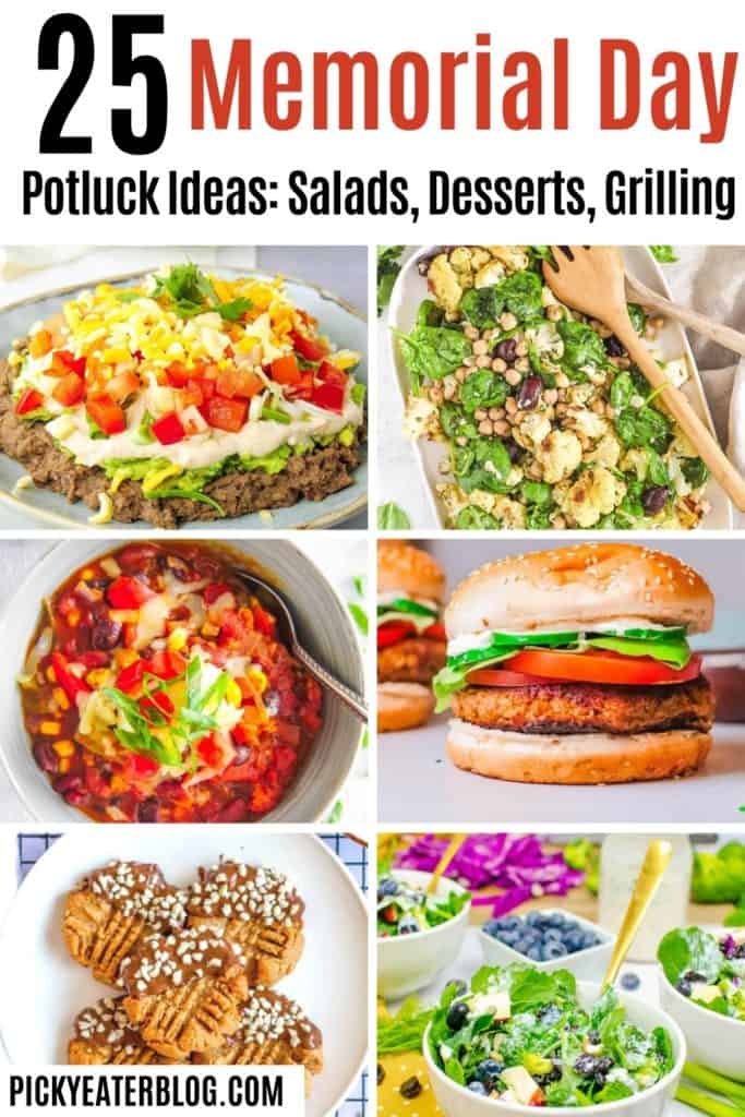 Memorial Day potluck ideas: 7 Layer dip, cauliflower salad, vegetarian chili, pinto bean burgers, peanut butter cookies, superfood salad
