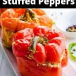 vegetarian stuffed peppers on white serving tray