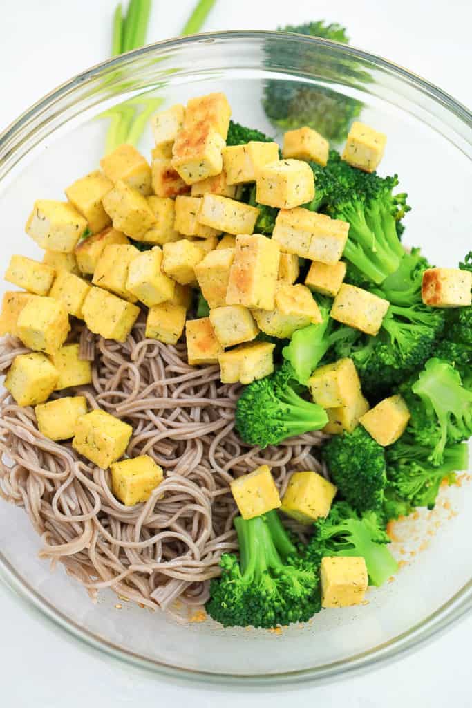 noodles tofu and broccoli in a bowl