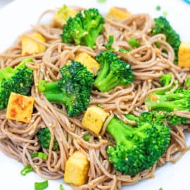 tofu and broccoli stir fry with sesame noodles on a white plate