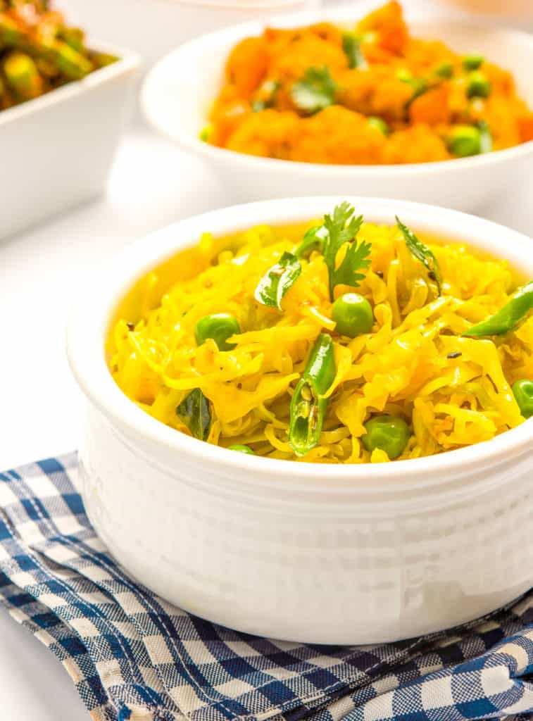 Indian Cabbage or cabbage sabzi served in a white bowl