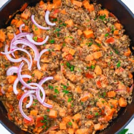 Instant Pot Lentils served with red onions and cilantro in a skillet