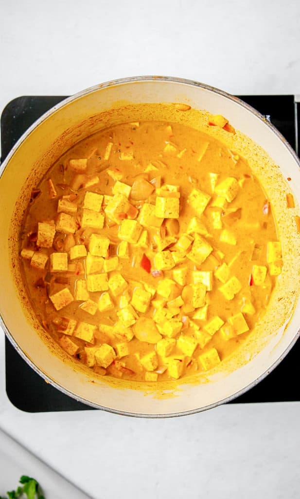 tofu and coconut milk and spices cooking in a large pot. 