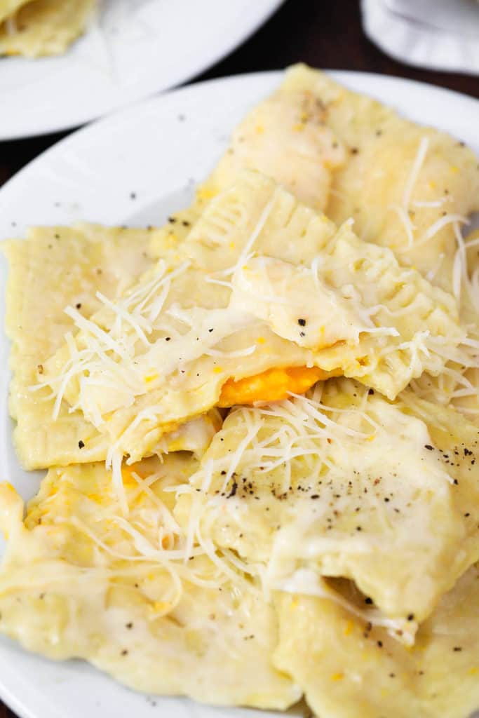 Trader Joe's Butternut Squash Ravioli served on a white plate