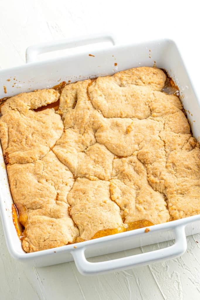 vegan peach cobbler fresh out of the oven