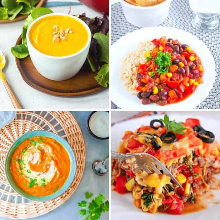 Baby dinner recipes collage: butternut squash soup, vegan chili, carrot soup, taco casserole.