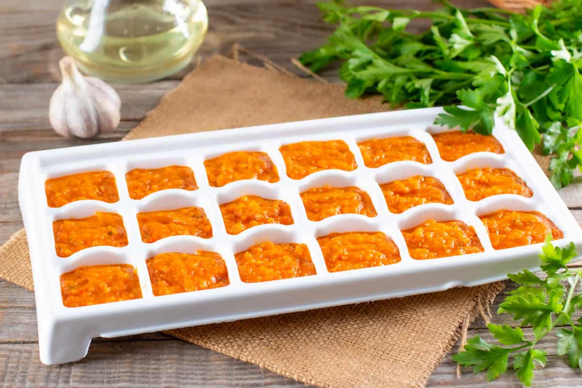 Carrot baby food stored in ice cube trays.