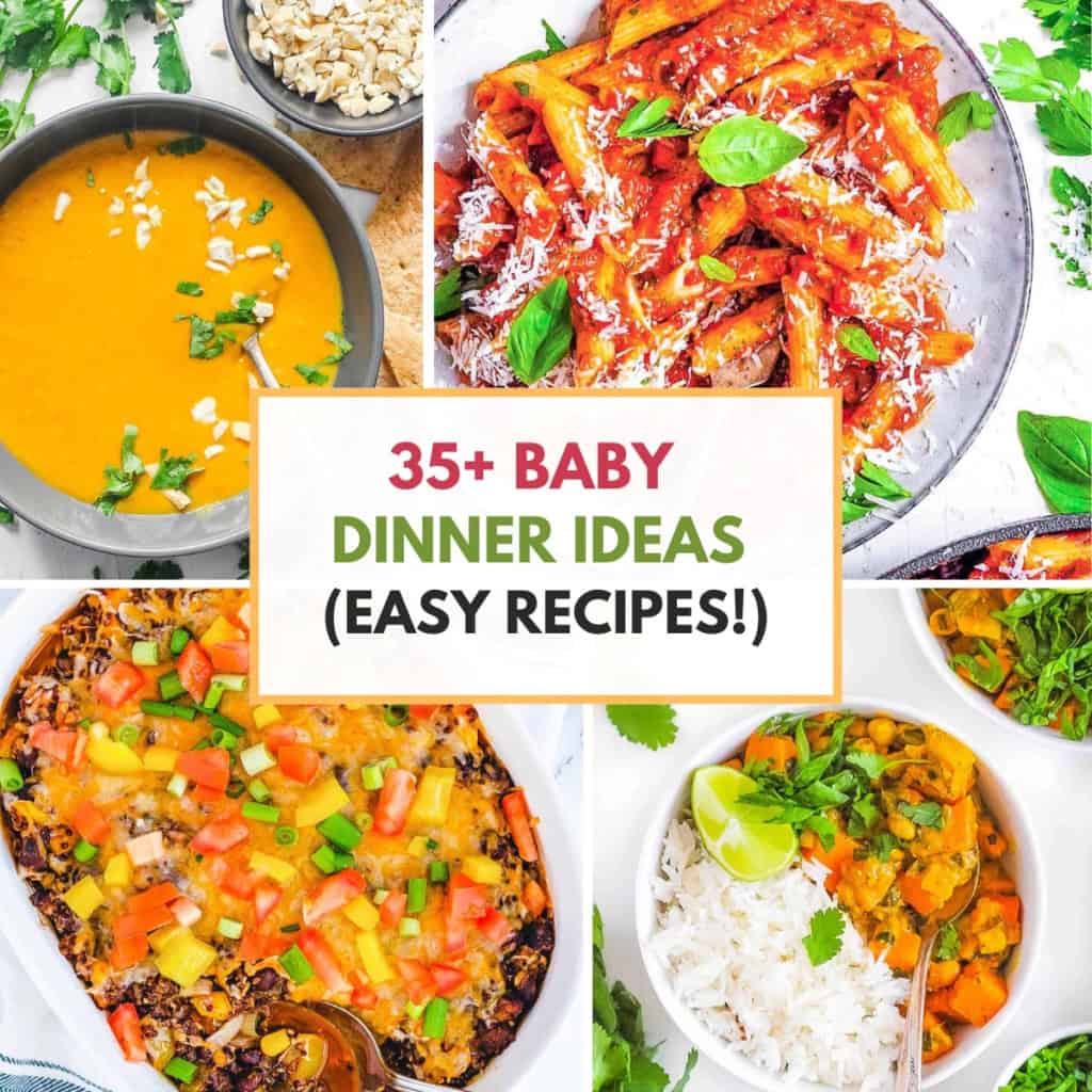 Collage of baby dinner ideas on a white background.