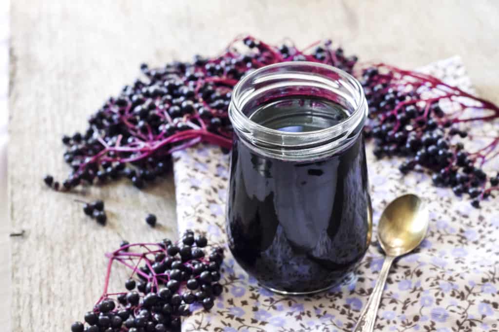 Homemade black elderberry syrup in gl، jar and bunches of black elderberry in background