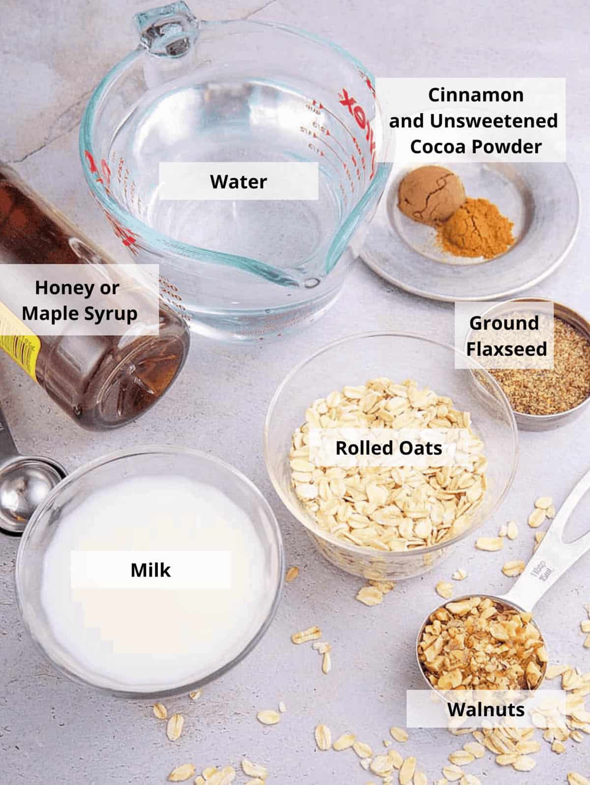 Ingredients for chocolate oatmeal recipe on a white background.