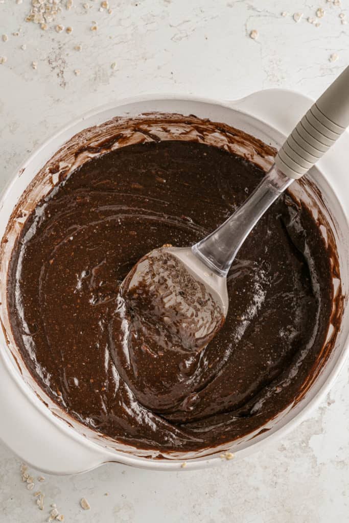 wet ingredients and cocoa powder mixed in a bowl