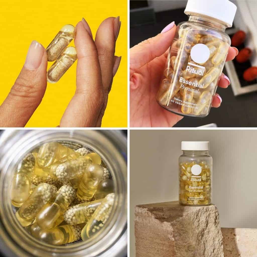 Ritual vitamins collage: fingers holding two vitamins, hand holding a bottle, overhead of vitamins in a bottle, and bottle displayed on rock.