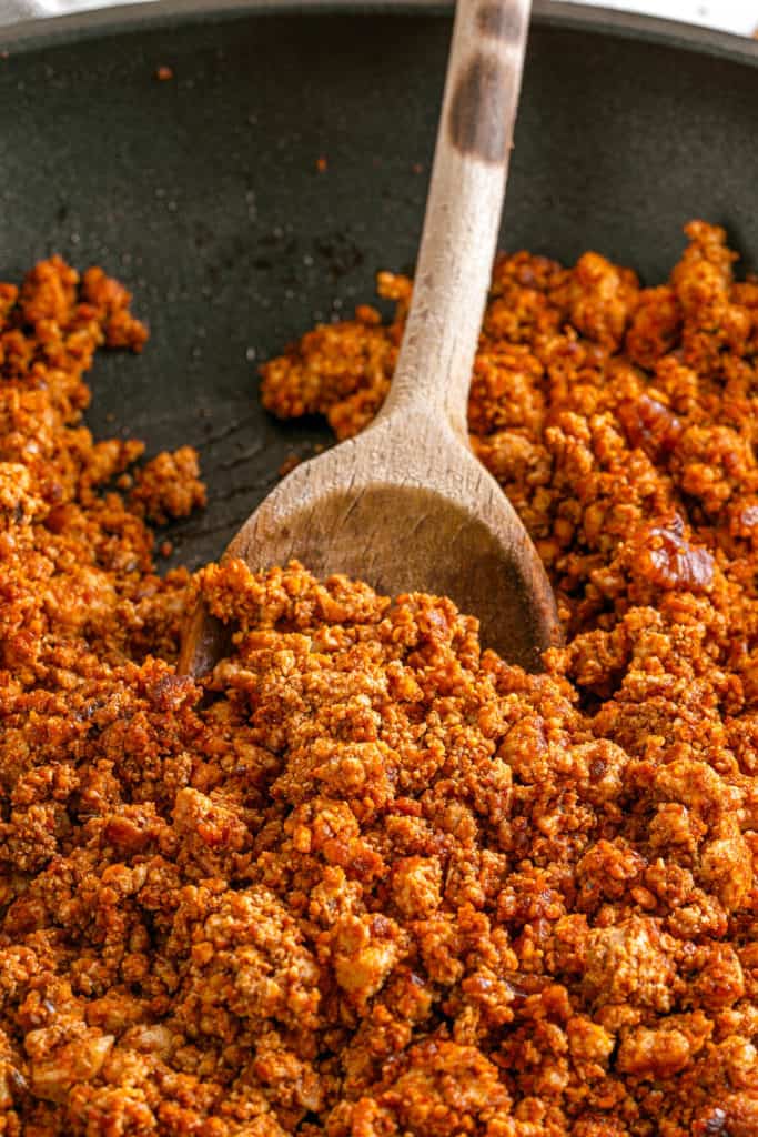 finished vegan chorizo in a skillet - closeup