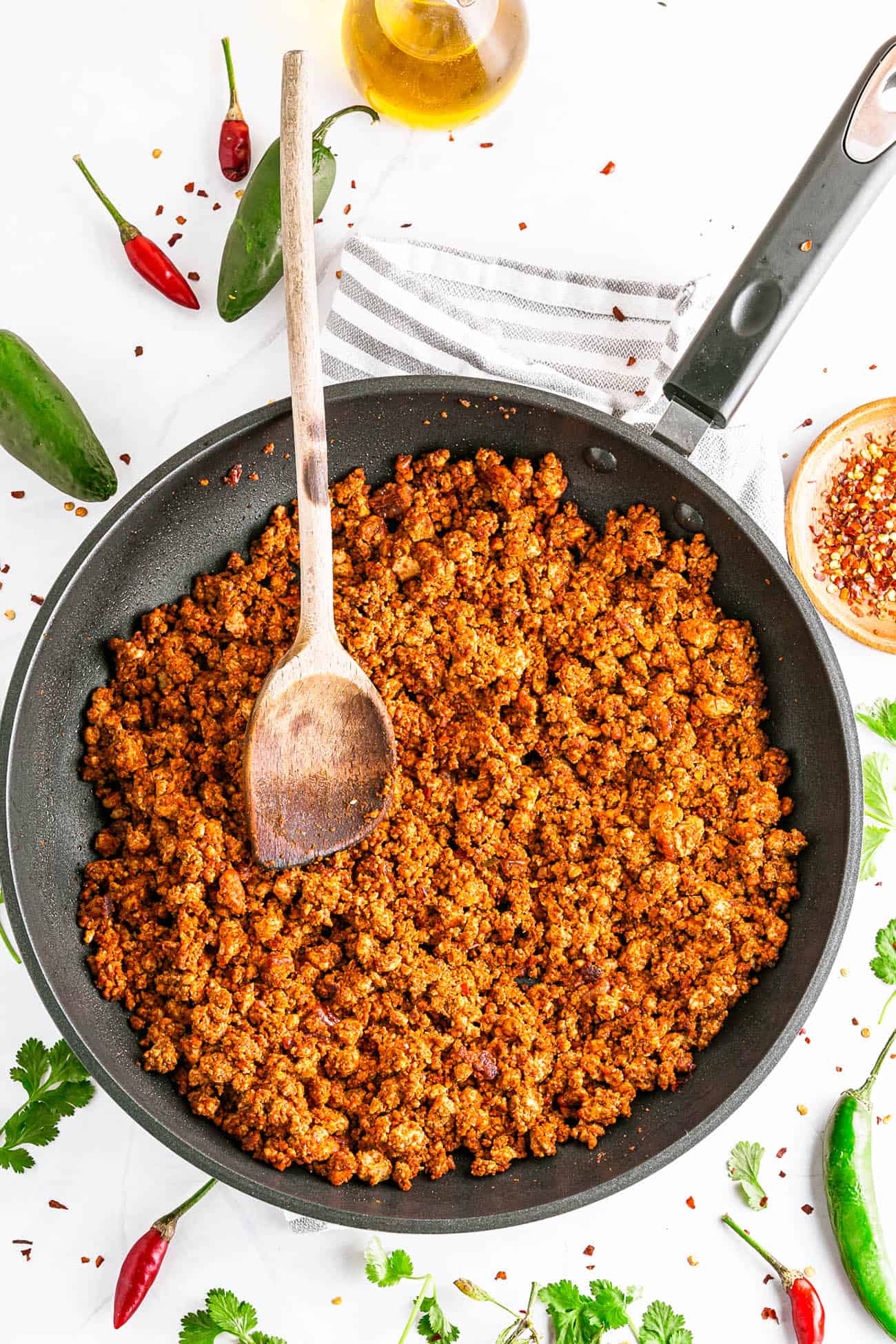 finished vegan chorizo in a skillet