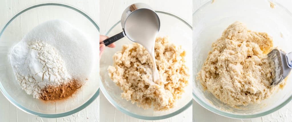 batter being mixed in a bowl - dry to wet ingredients added