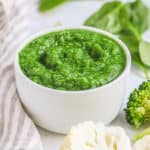 Vegetable Puree for Baby: Broccoli, Spinach, Cauliflower in a white bowl