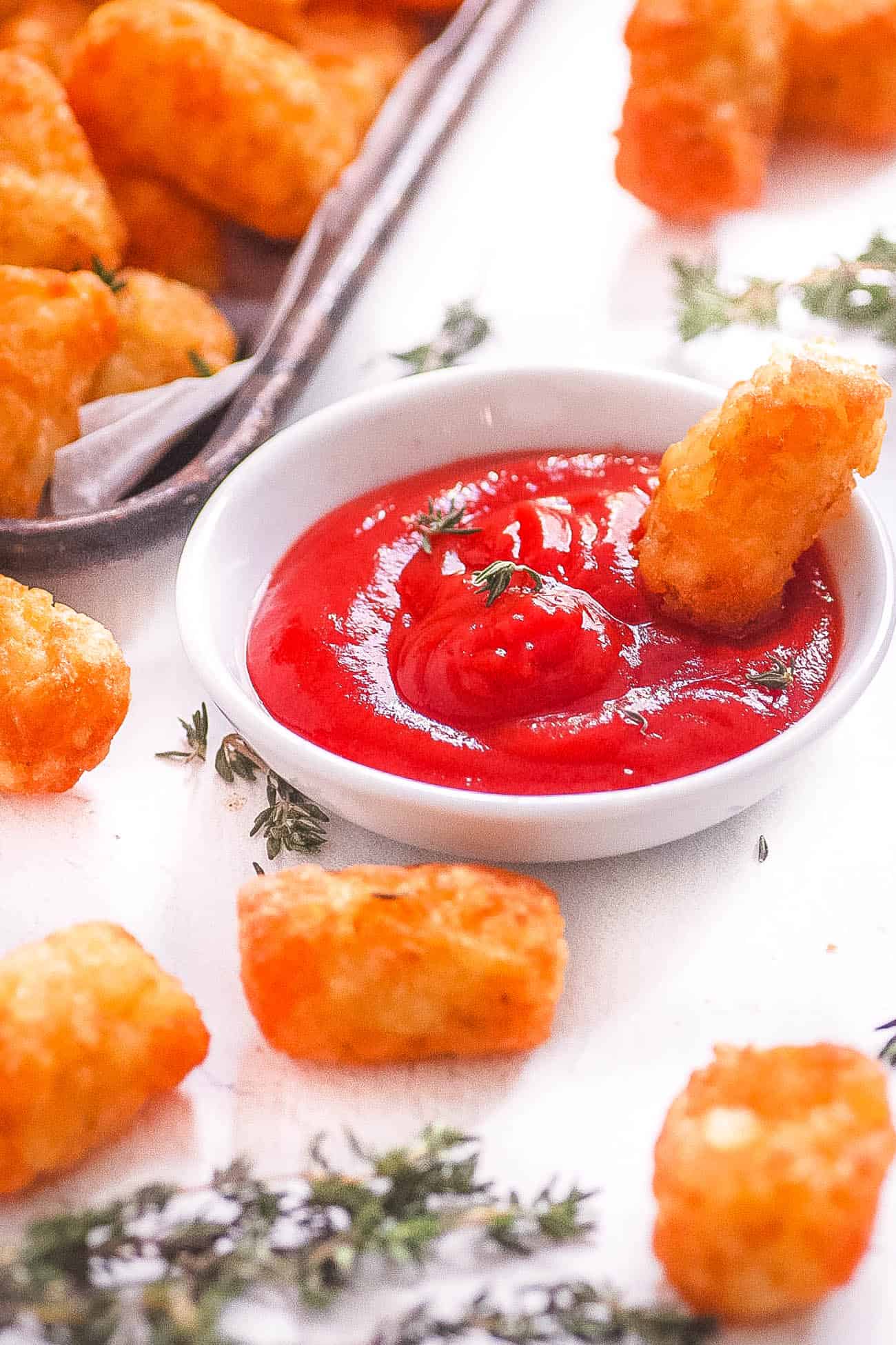 air fryer frozen tater tots served with ketchup