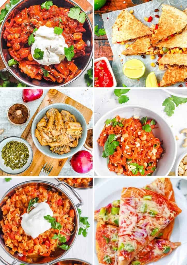 Collage of cheap vegetarian recipes: dal, quesadilla, mushroom stroganoff, spaghetti squash, chana masala, pizza.