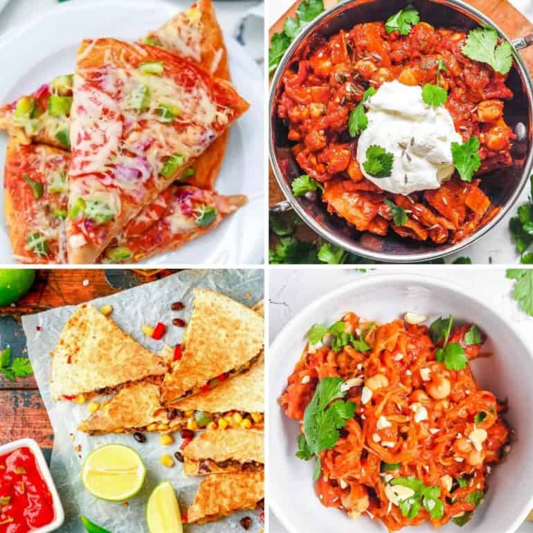 Collage of cheap vegetarian recipes: pizza, quesadilla, dal, and spaghetti squash