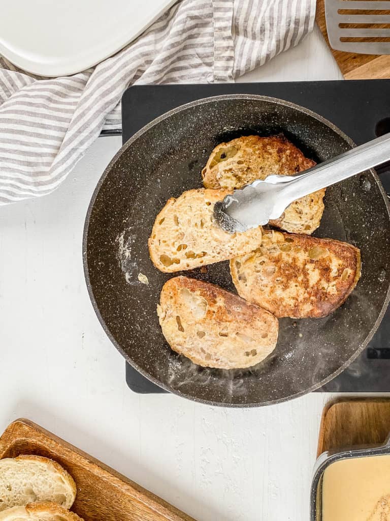 healthy french toast being cooked in a skillet