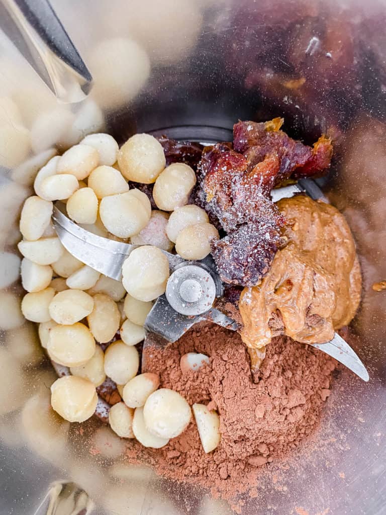 ingredients for healthy date bars in a food processor
