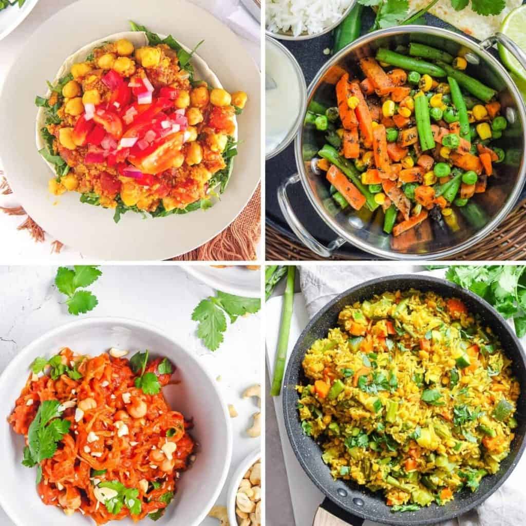 Indian Recipes for Kids collage: curry pizza, Indian mixed vegetables, spaghetti squash, Indian fried rice.