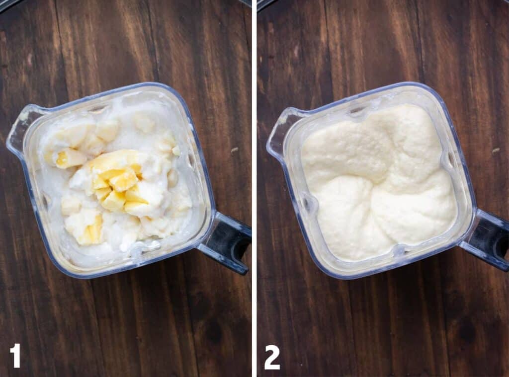 all the ingredients in the blender to make pina colada smoothie