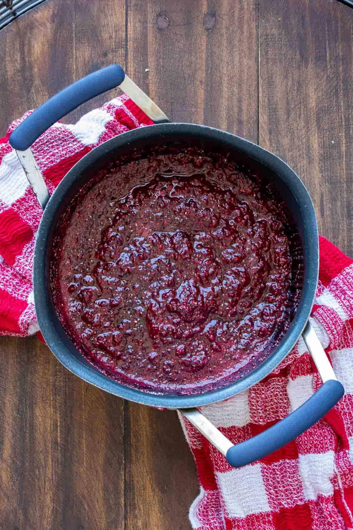 Overhead shot of chia seed jam in a pot.