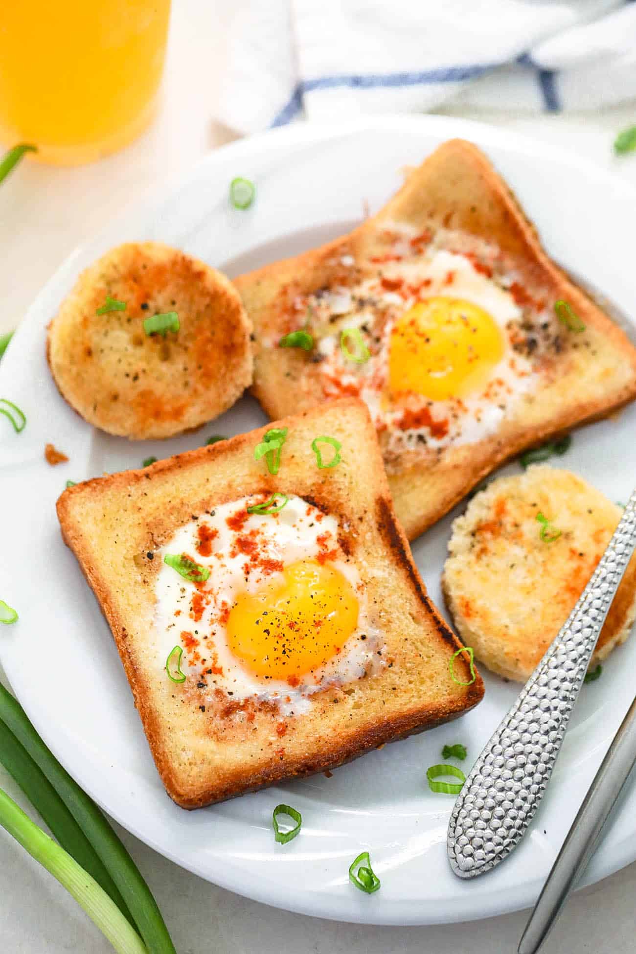 eggs in a basket - a classic vegetarian breakfast served on a white plate
