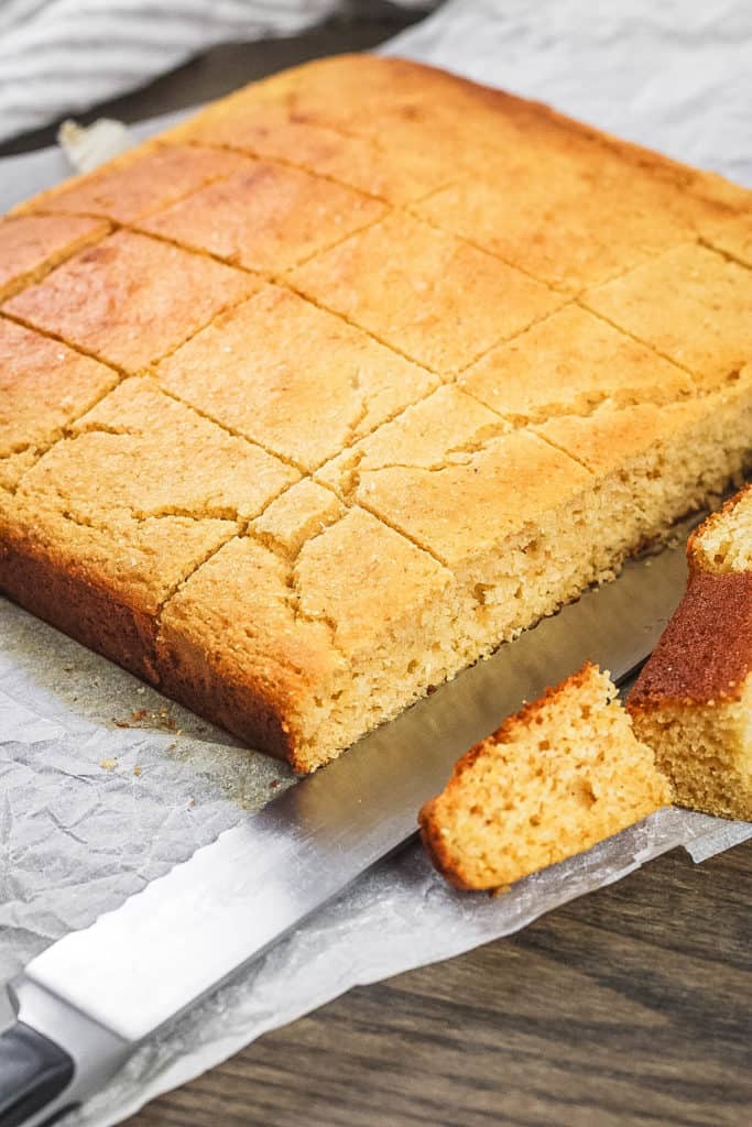 healthy cornbread with honey cut into squares