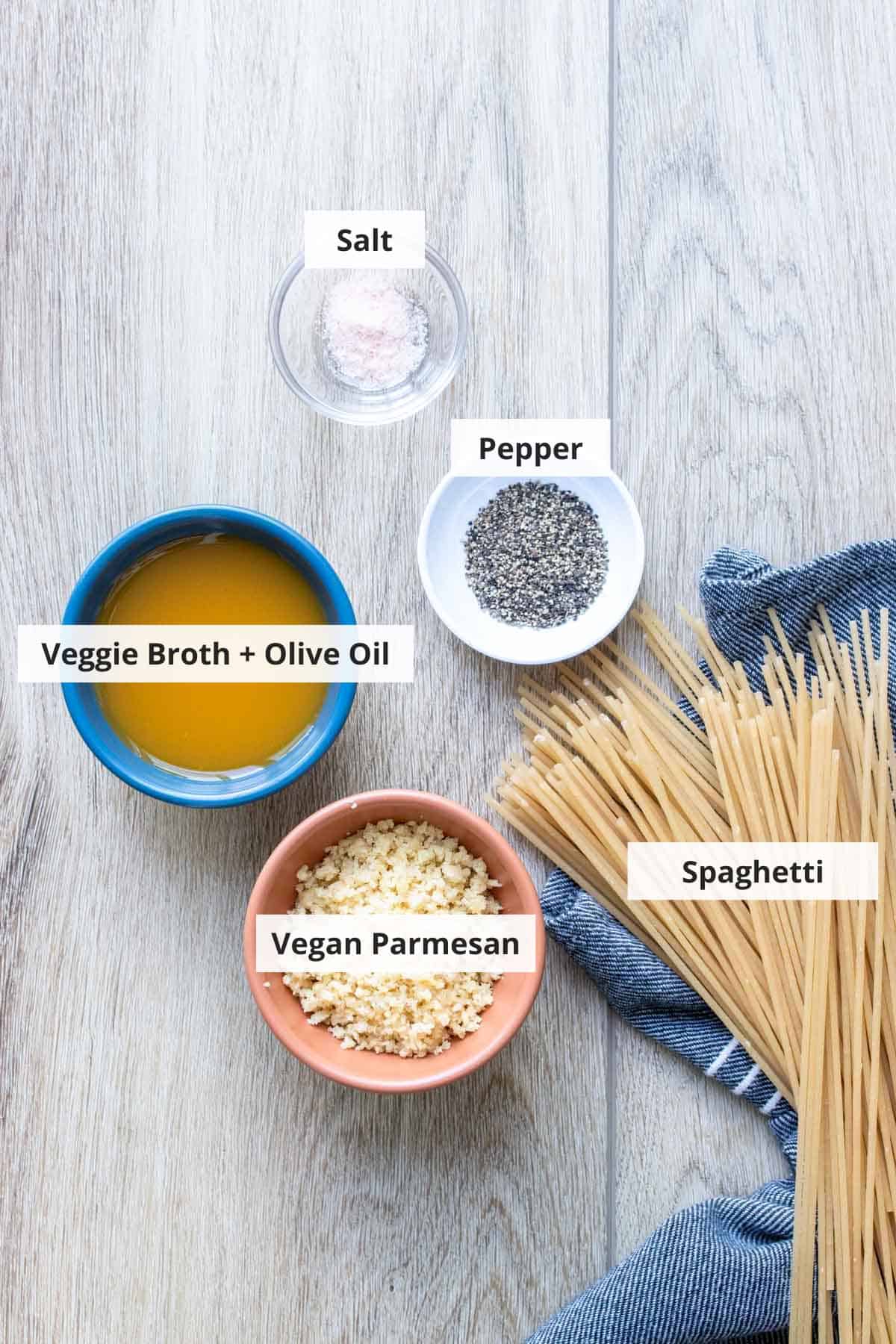 Ingredients for vegan cacio e pepe recipe on a countertop.