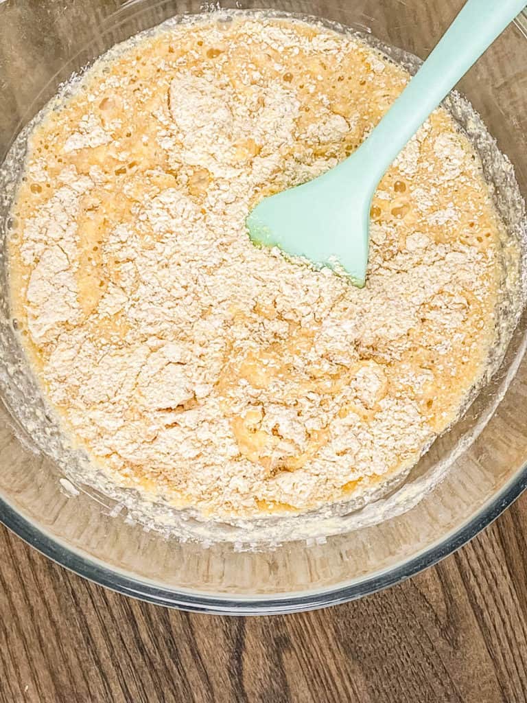 wet and dry ingredients combined in a bowl