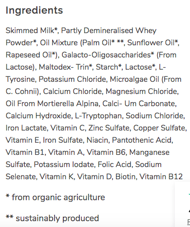 Ingredients label for alternative baby formula - Löwenzahn formula stage 3