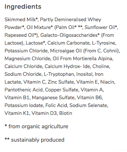 Ingredients label for Löwenzahn formula stage pre