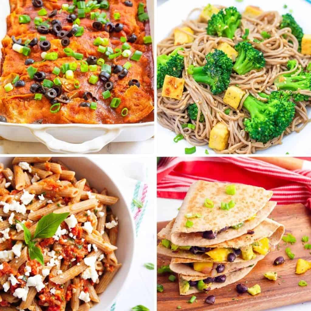 Sunday dinner ideas: vegan enchiladas, tofu sesame noodles, pasta, black bean quesadillas. 