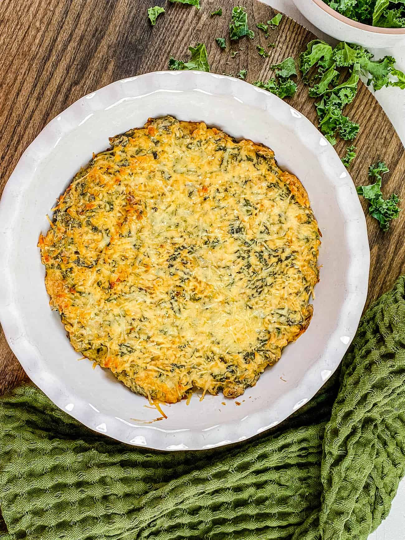 cheese and kale dip straight out of the oven