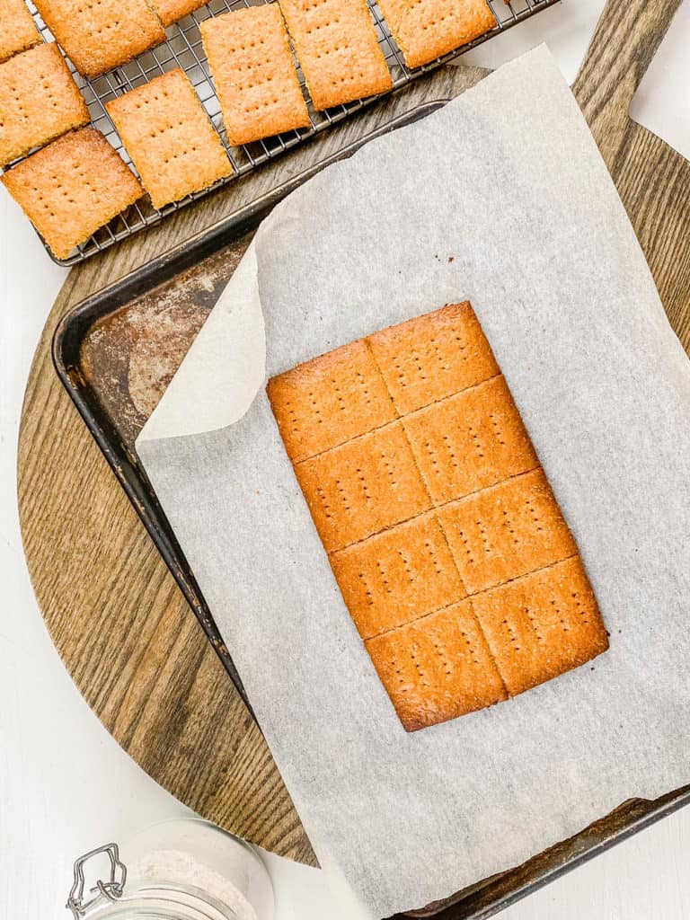 easy healthy homemade vegan graham cracker recipe cut out on a baking sheet