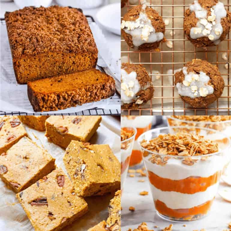 Collage of easy healthy pumpkin desserts on a white background.