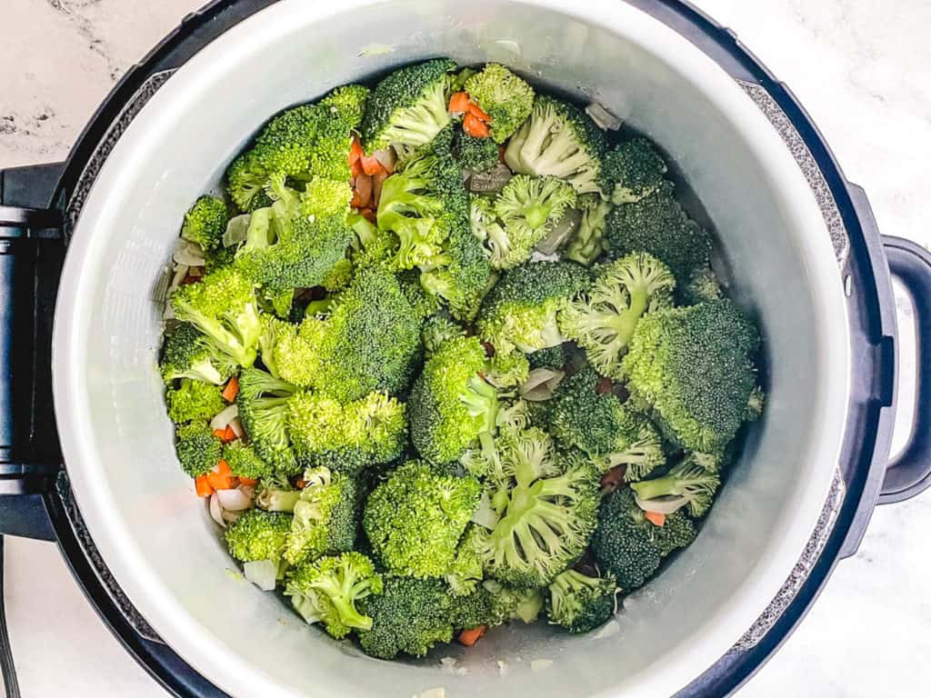 broccoli and veggies added to pot