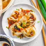 easy vegetarian wontons served on a white plate