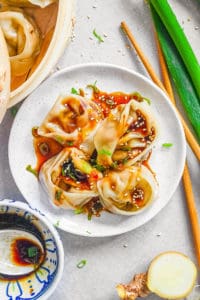 easy vegetarian wontons served on a white plate
