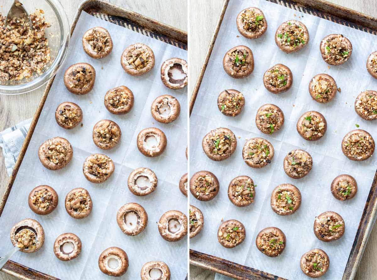 Collage of mushrooms on a baking sheet being stuffed and all of the stuffed