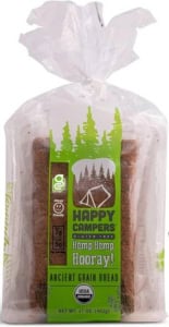 Package of Happy Campers Gluten Free Bread - Hemp Hemp Hooray variety on a white background.