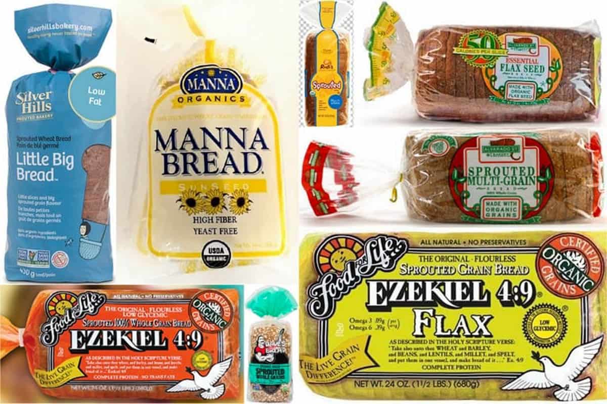 Collage of the healthiest bread brands at the grocery store: includes Ezekiel, Dave's killer bread, and more.