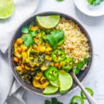 healthy easy vegan thai green curry recipe served with quinoa in a bowl