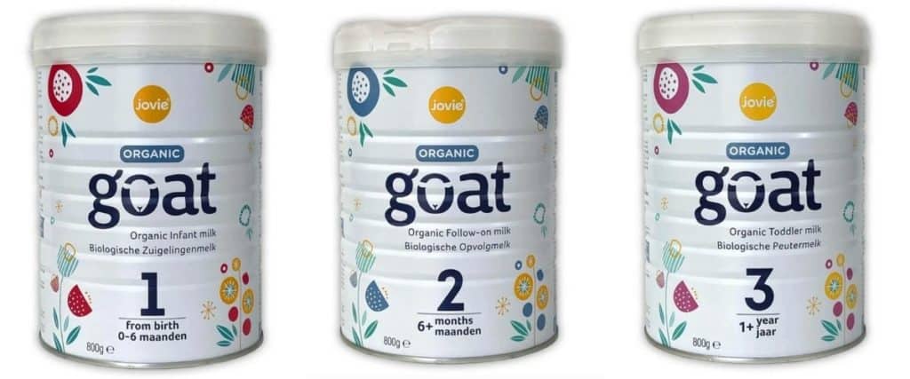 Jovie Organic Goat Formula cans, stage 1, stage 2, stage 3.