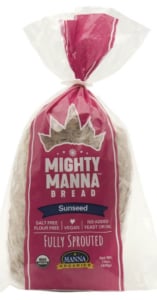 Package of Manna Organics Sprouted Wheat Bread on a white background.