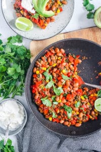 easy healthy pinto bean casserole recipe in a pan - vegetarian and gluten free